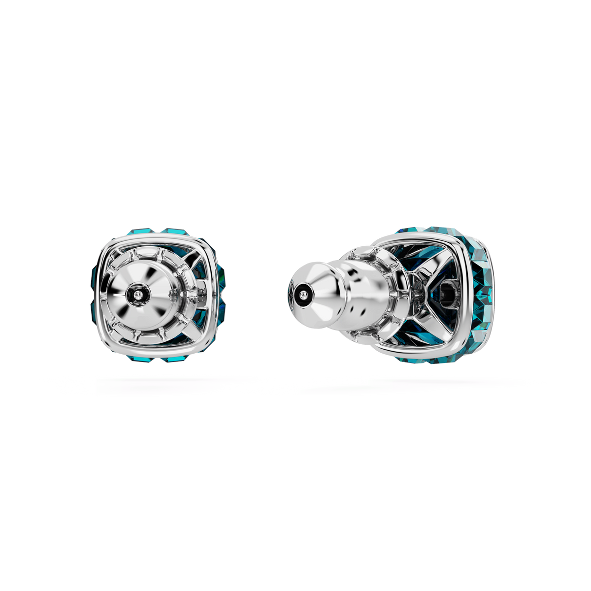 Two metallic in-ear earbuds featuring a sleek, futuristic design with blue accents inspired by the Swarovski Birthstone stud earrings—Square cut, December Blue, Rhodium plated—partially transparent casings, set against a plain white background.