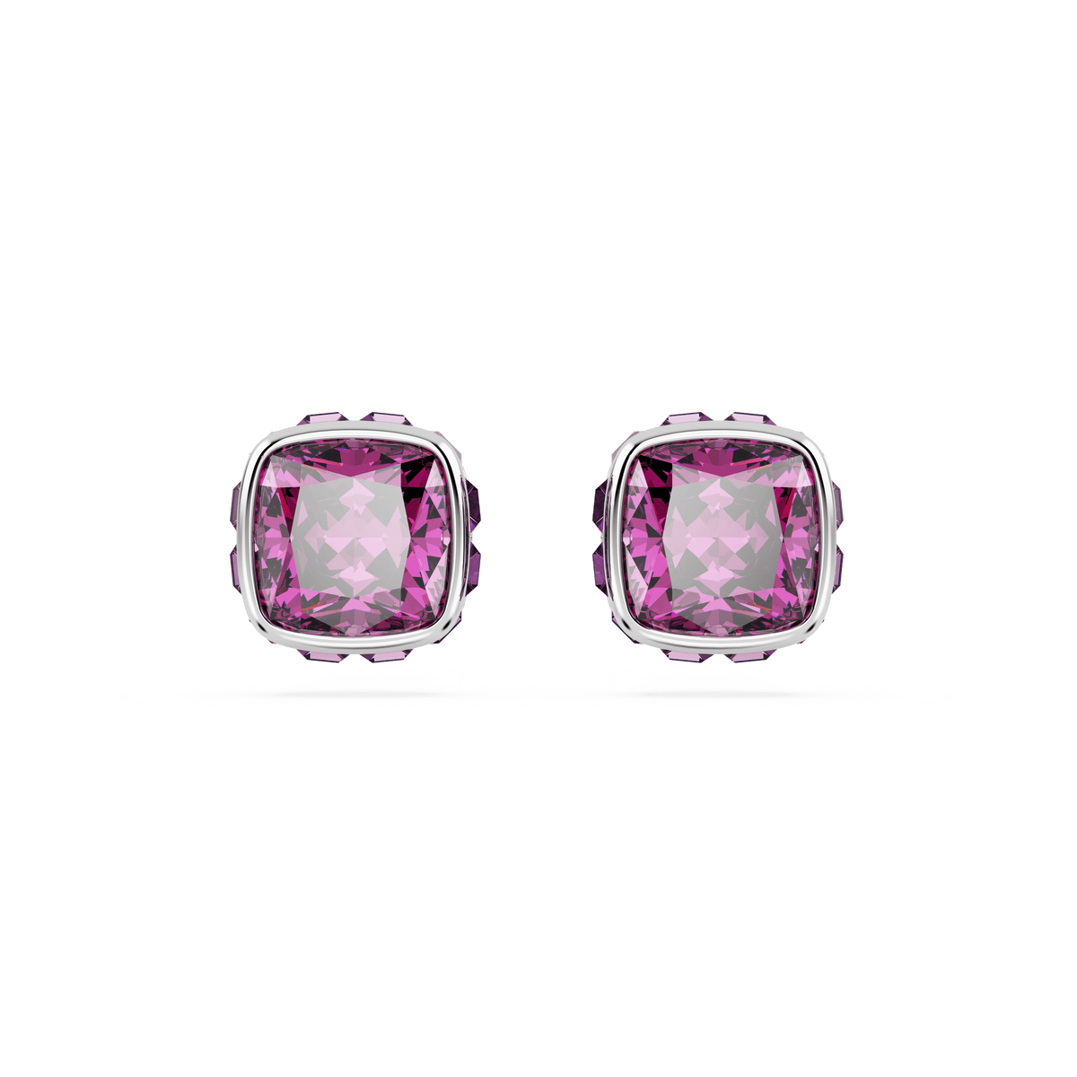 A pair of Swarovski Birthstone stud earrings featuring square-cut, faceted purple gemstones for February, crafted in rhodium-plated silver and displayed on a plain white background.