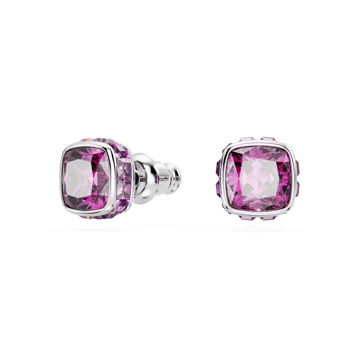 A pair of Swarovski Birthstone stud earrings in a square cut, featuring brilliant purple gemstones for February, beautifully set in rhodium-plated prongs and displayed against a plain white background—a perfect choice for those who appreciate the elegance of Swarovski’s signature style (Style Number: 56607).