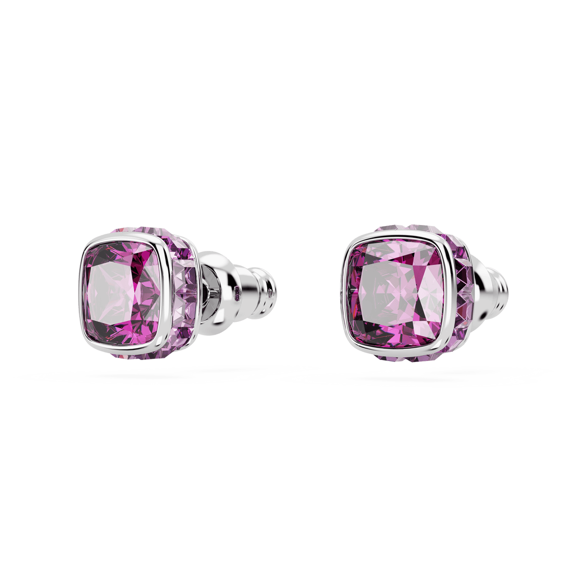 Swarovski Birthstone stud earrings, style number 56607, feature square-cut purple gemstones for February in elegant bezel settings. These rhodium-plated earrings from Swarovski showcase a striking faceted design with a modern twist, offering timeless shine—perfect for those seeking sophisticated birthstone jewelry. Photographed against a plain white background.