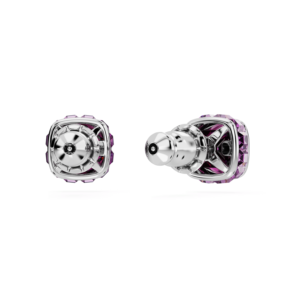 Two silver and purple Swarovski Birthstone stud earrings are displayed on a white background, with one earring facing forward and the other showing a side profile, their square-cut design echoing the elegance of February’s amethyst hue.