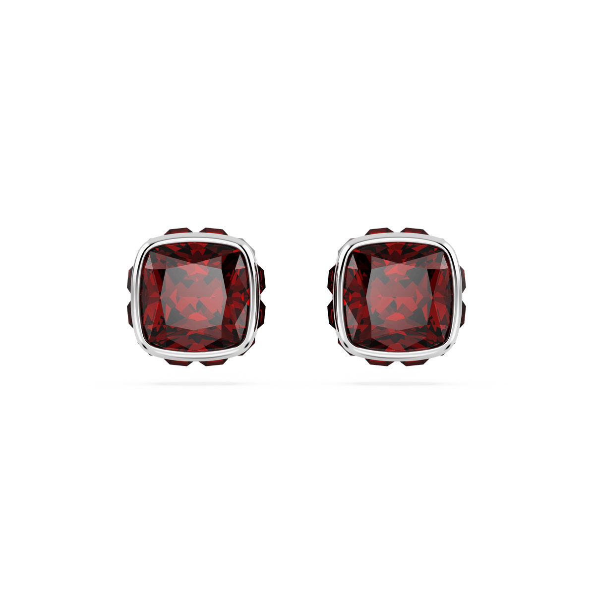 Swarovski Birthstone stud earrings feature large, square-cut red crystals in a rhodium-plated setting, making them an elegant choice for January and a stunning pair of Swarovski stud earrings.