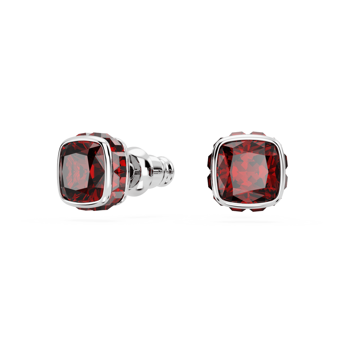 A pair of Swarovski Birthstone stud earrings featuring square-cut deep red gemstones, inspired by January, set in rhodium plating and displayed on a plain white background.