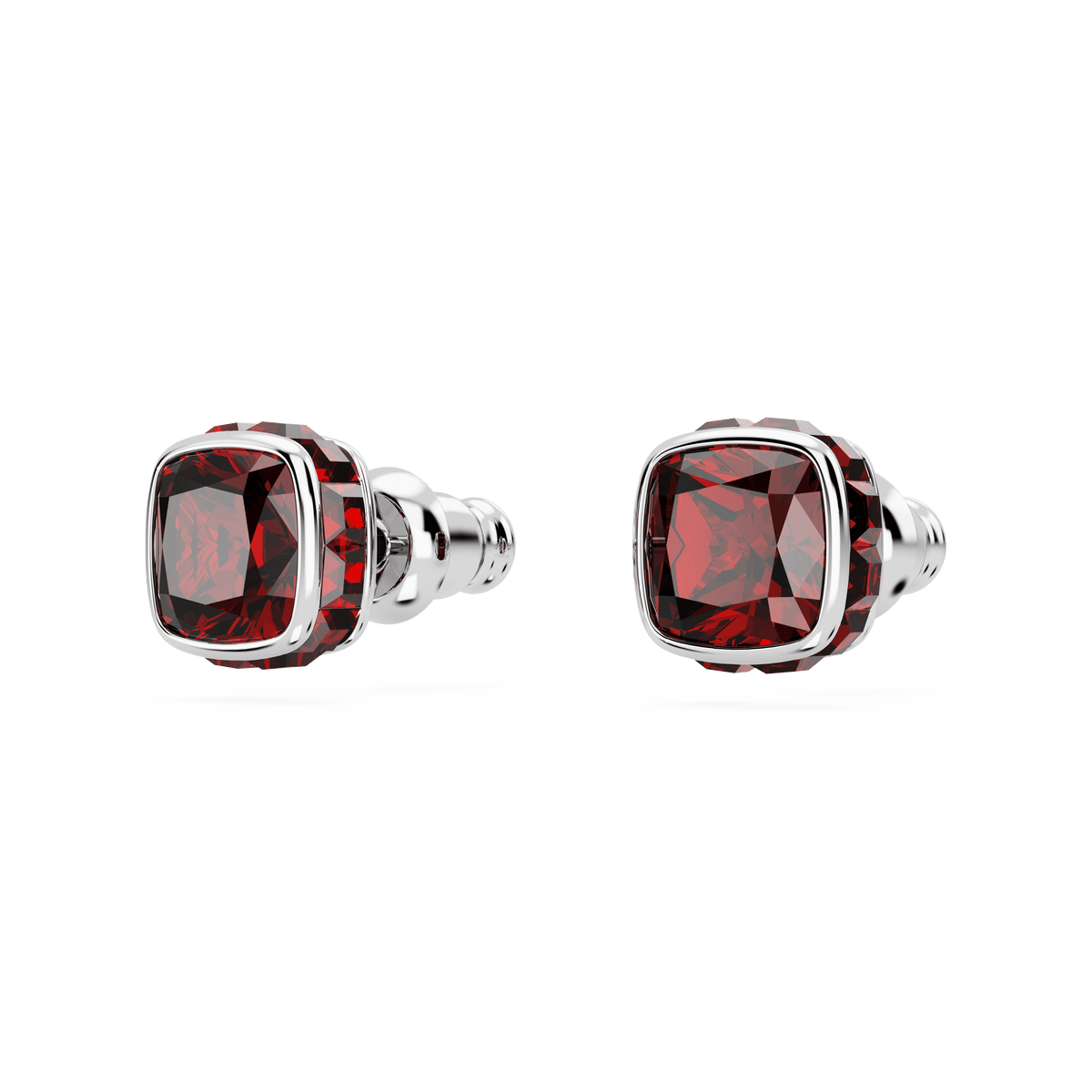 A pair of Swarovski Birthstone stud earrings featuring a square cut and deep red January gemstones, rhodium plated and displayed on a white background.