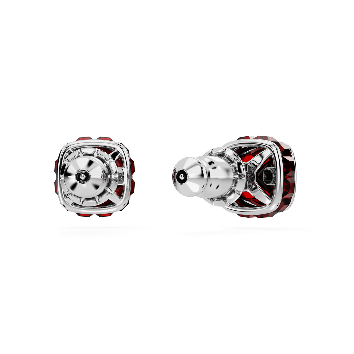 Two metallic earbud components with a futuristic, silver-and-red design are displayed on a white background—evoking the sleek elegance of the Swarovski Birthstone stud earrings, Square Cut, January Red, Rhodium Plated. One earbud is shown from the front and the other in profile, capturing an aesthetic that channels the sophistication of Swarovski’s iconic style.