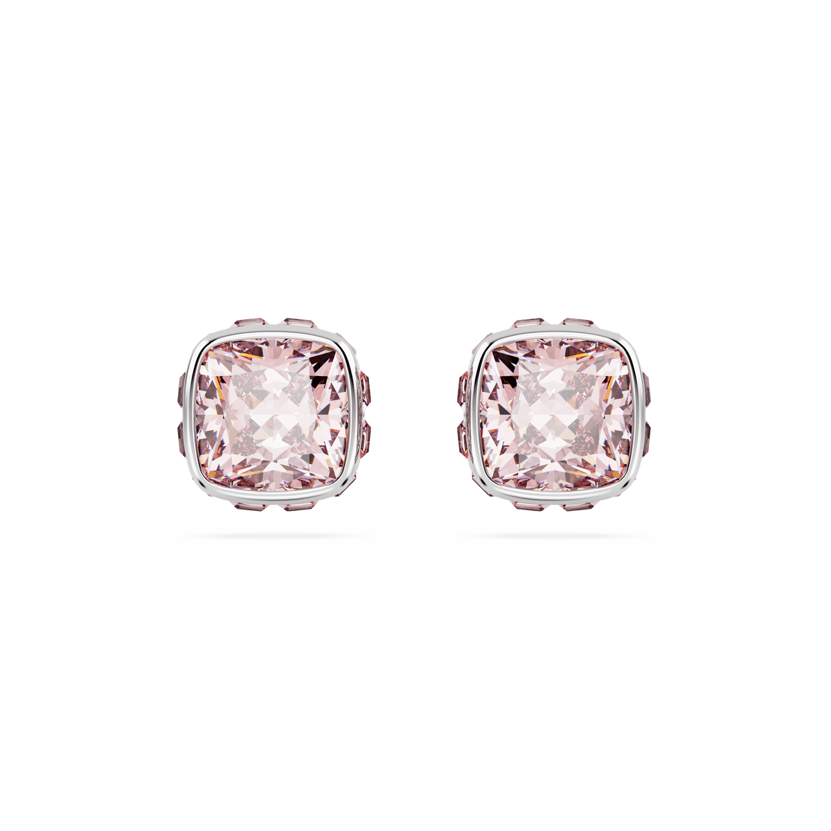 A pair of Swarovski Birthstone stud earrings featuring square-cut pink stones for June, rhodium plated, displayed on a plain white background.