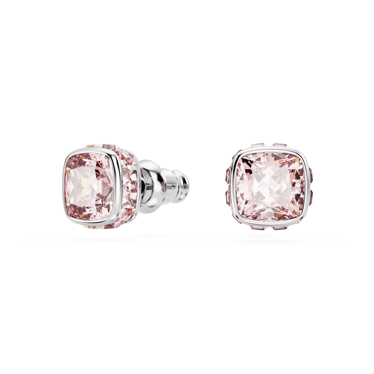 A pair of Swarovski Birthstone stud earrings featuring square-cut pink gemstones for June, set in a rhodium plated square setting, displayed on a plain white background.