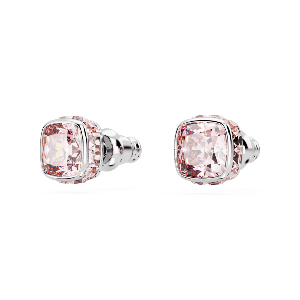 A pair of Swarovski Birthstone stud earrings featuring square-cut pink gemstones for June, set in rhodium-plated silver, displayed against a plain white background.