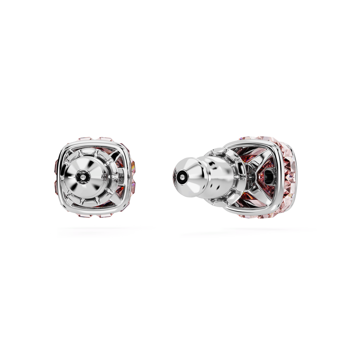 Two metallic, futuristic Swarovski Birthstone stud earrings in a square cut June pink design and finished with rhodium plating are displayed on a plain white background. Reminiscent of rhodium plated jewelry, one earring presents a front view while the other showcases the side profile.