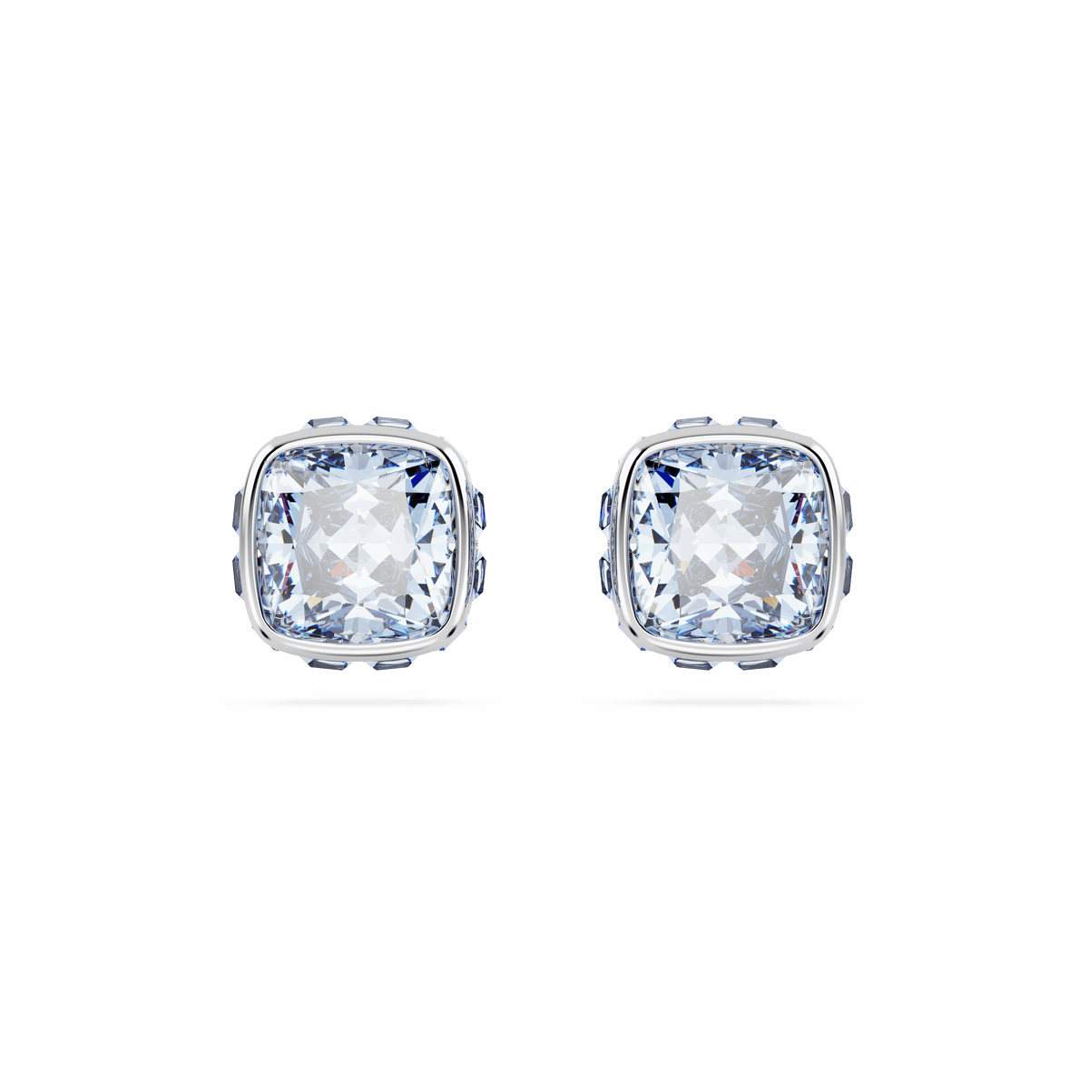 A pair of Swarovski Birthstone stud earrings featuring a square cut blue stone for March, set in rhodium-plated metal, displayed on a plain white background.