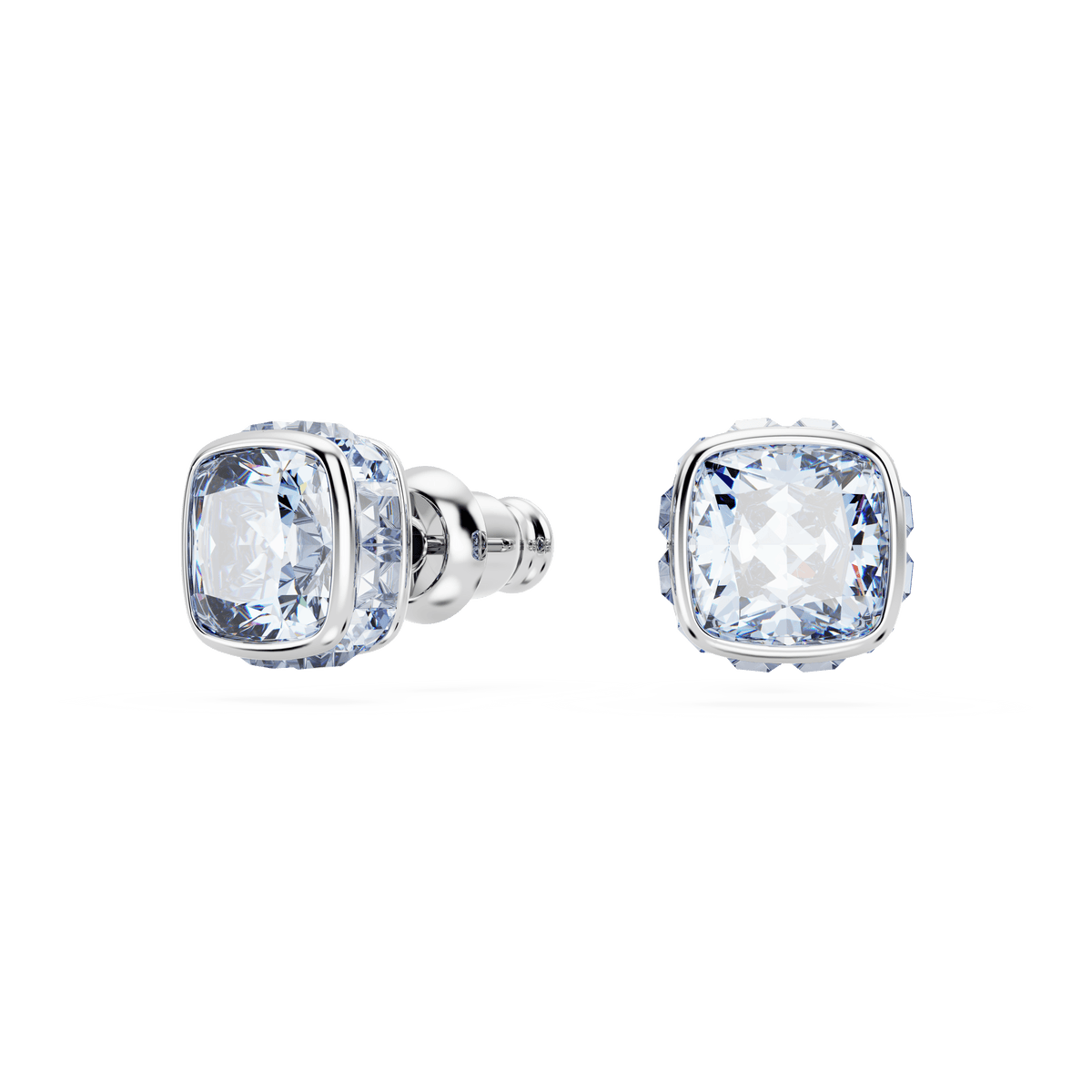 A pair of Swarovski Birthstone stud earrings featuring square-cut blue gemstones for March, set in rhodium plated silver, displayed on a white background.