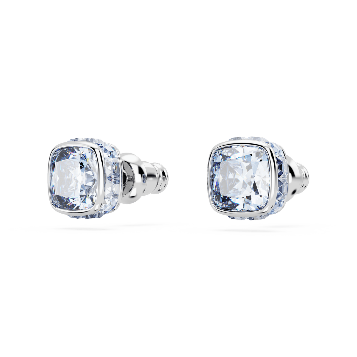 A pair of Swarovski Birthstone stud earrings featuring square-cut blue stones for March in rhodium plated settings, displayed on a plain white background.