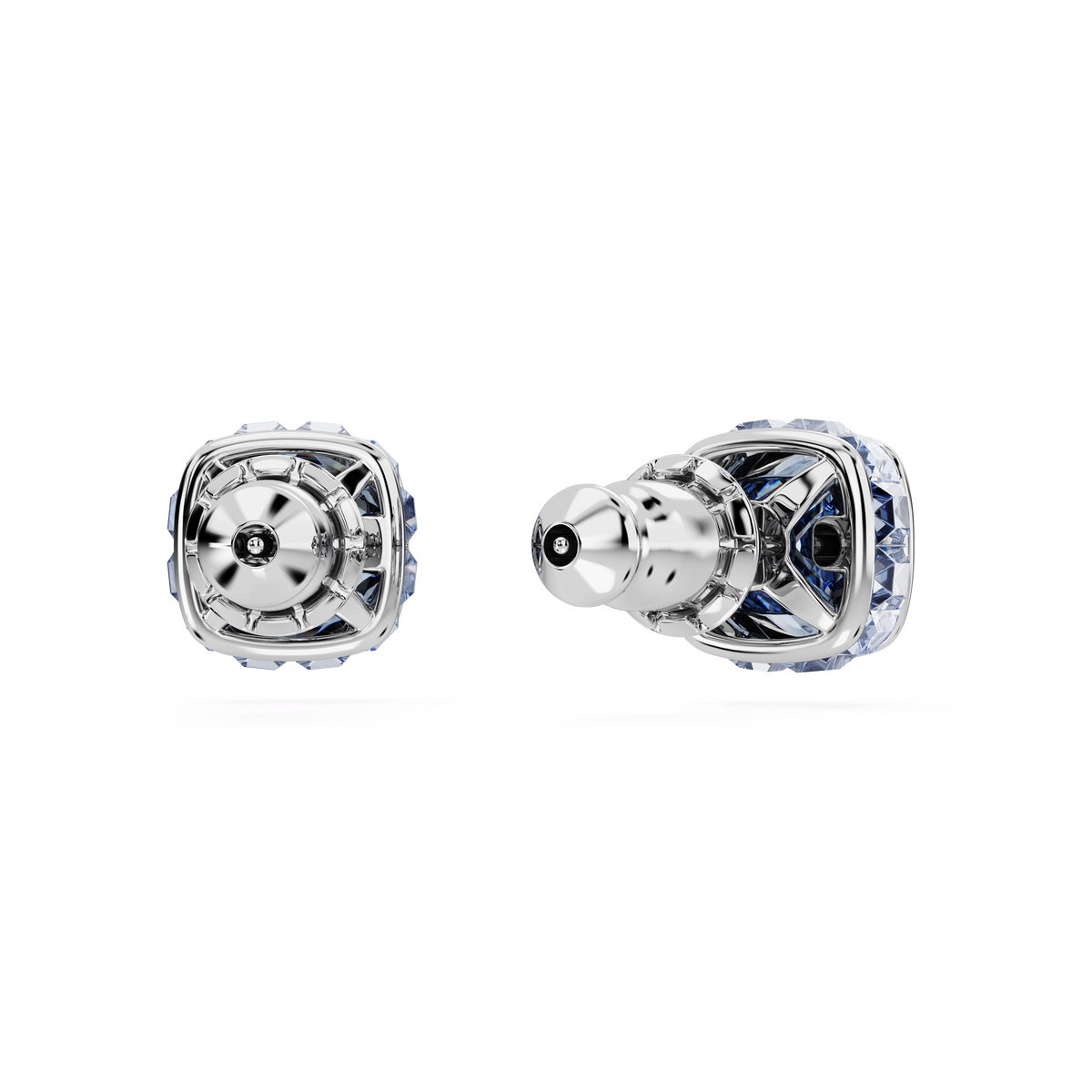 Two square-cut, blue Swarovski Birthstone stud earrings for March with a modern, rhodium-plated geometric design are displayed on a plain white background—one showing the front view and the other the side view.