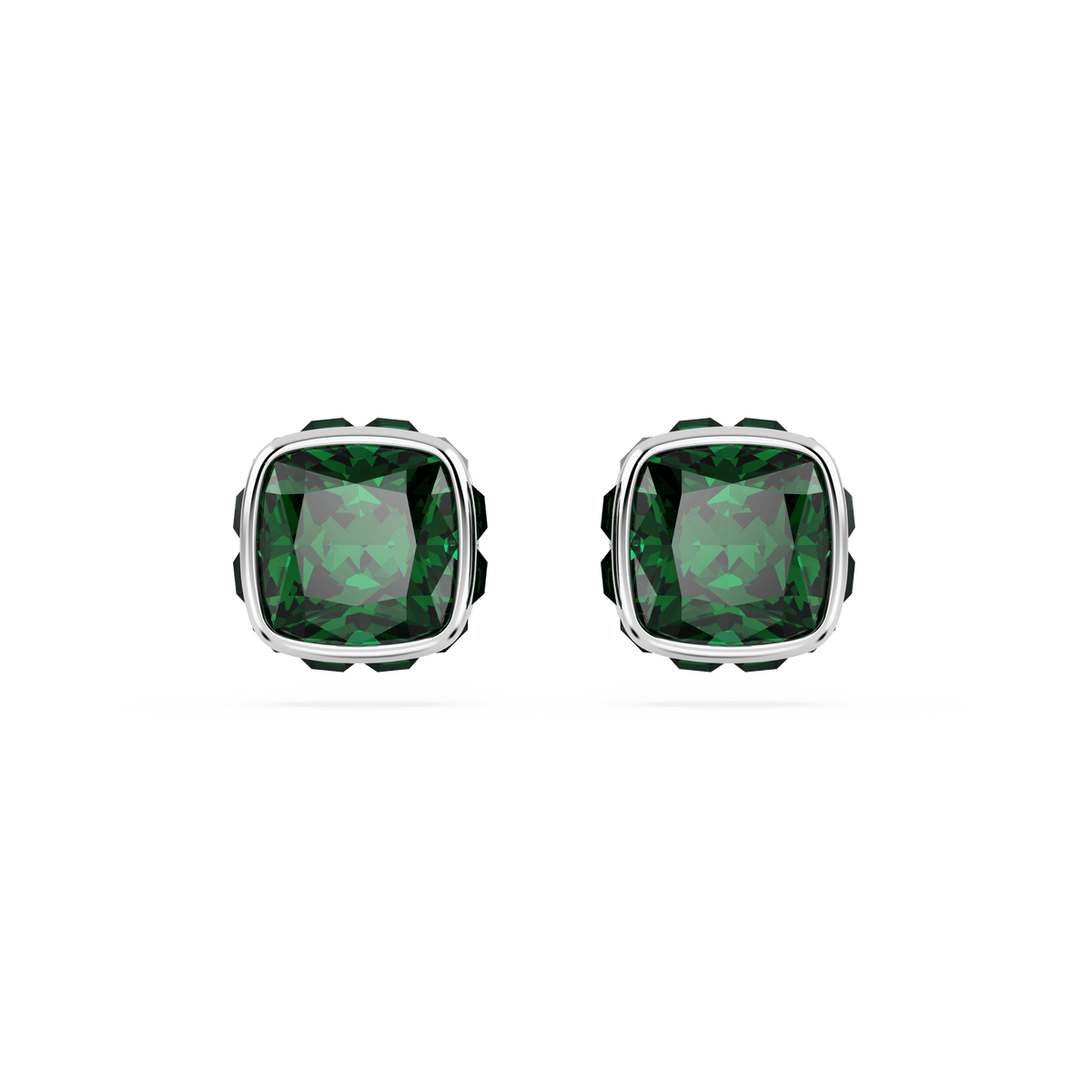 A pair of Swarovski Birthstone stud earrings, featuring square-cut green stones for May set in rhodium plated metal, showcased against a plain white background.