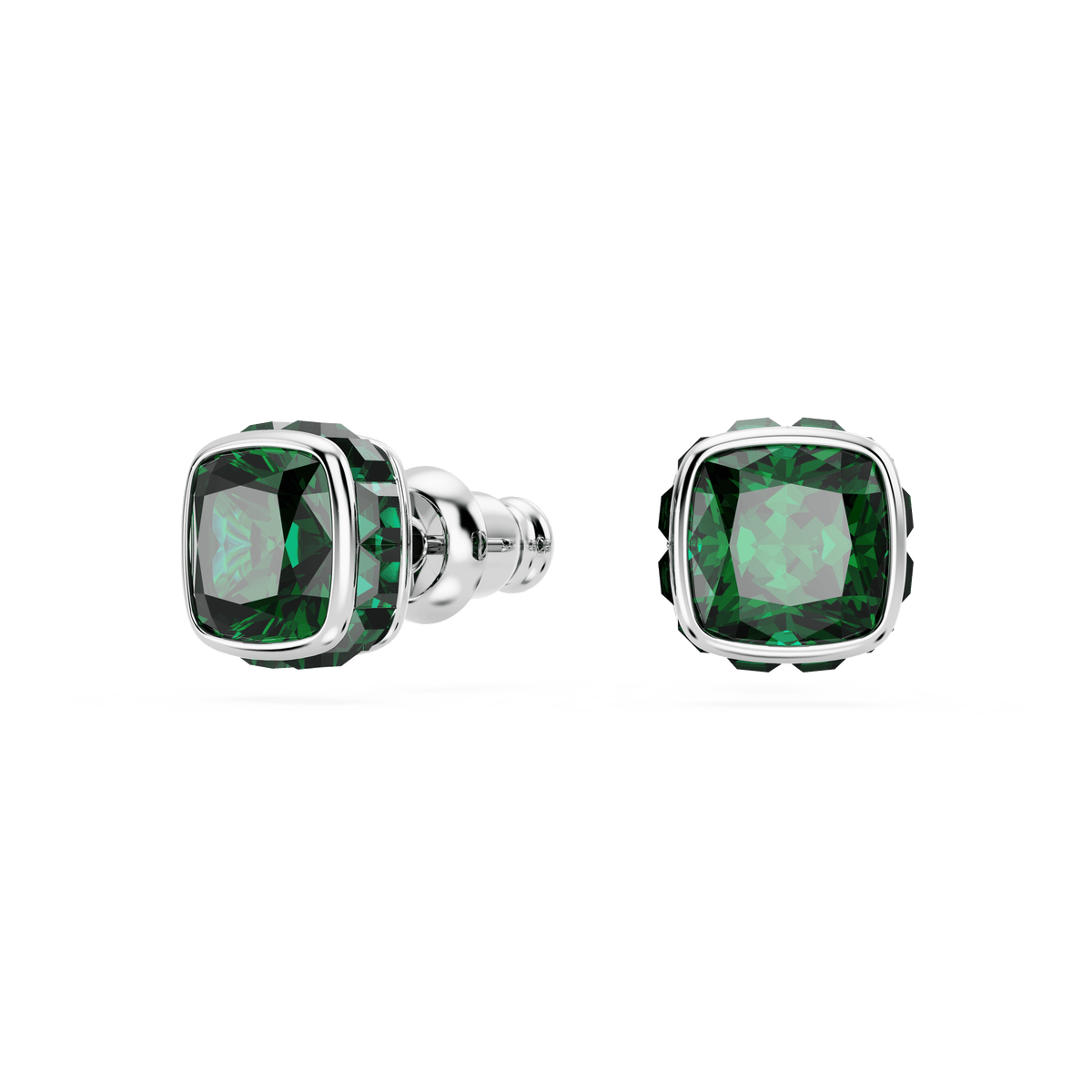 A pair of Swarovski Birthstone stud earrings with square-cut green stones for May, featuring a faceted design and a rhodium-plated finish, displayed on a white background.