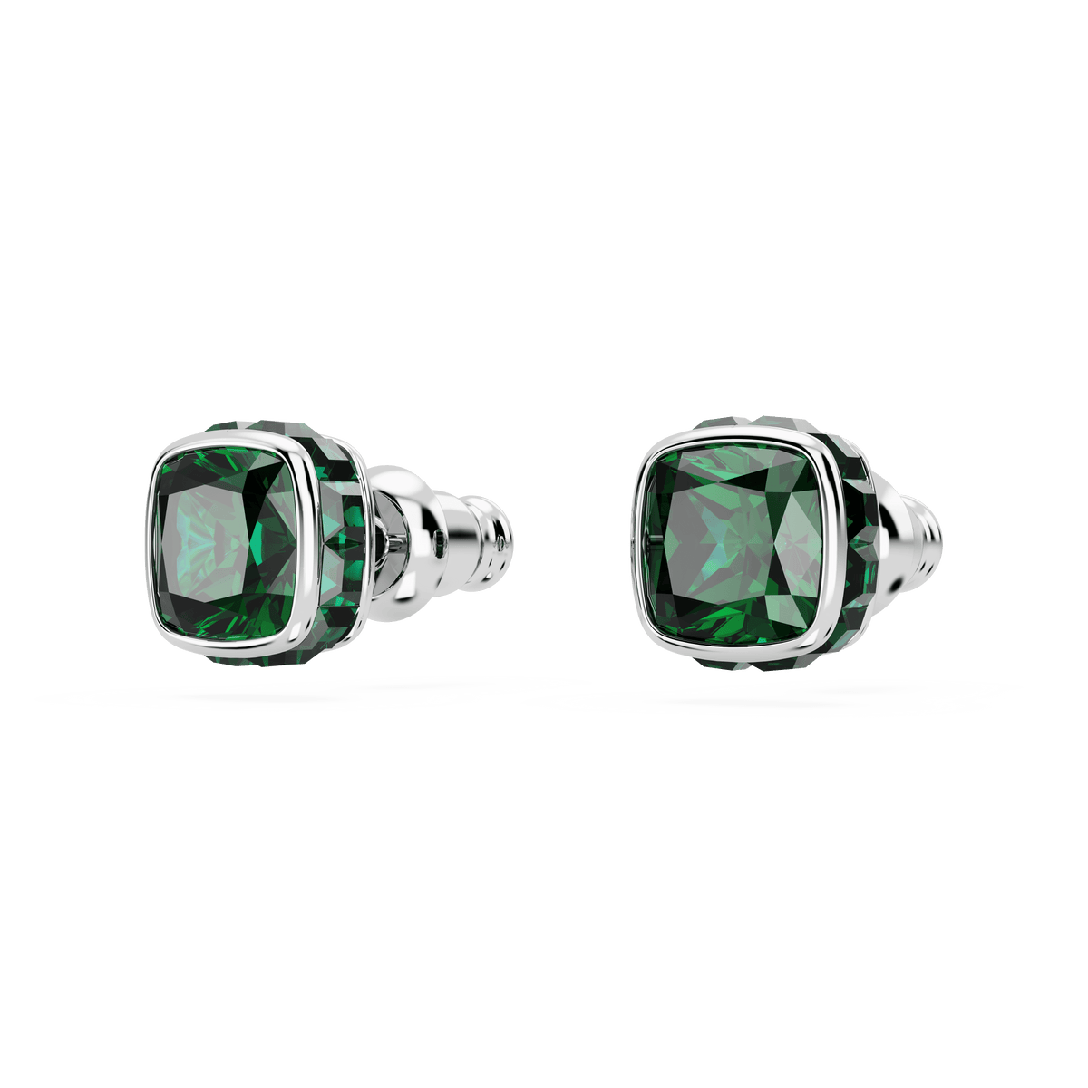 A pair of Swarovski Square Cut Birthstone stud earrings for May, crafted in rhodium-plated metal and featuring green gemstones at the center, set against a plain white background.