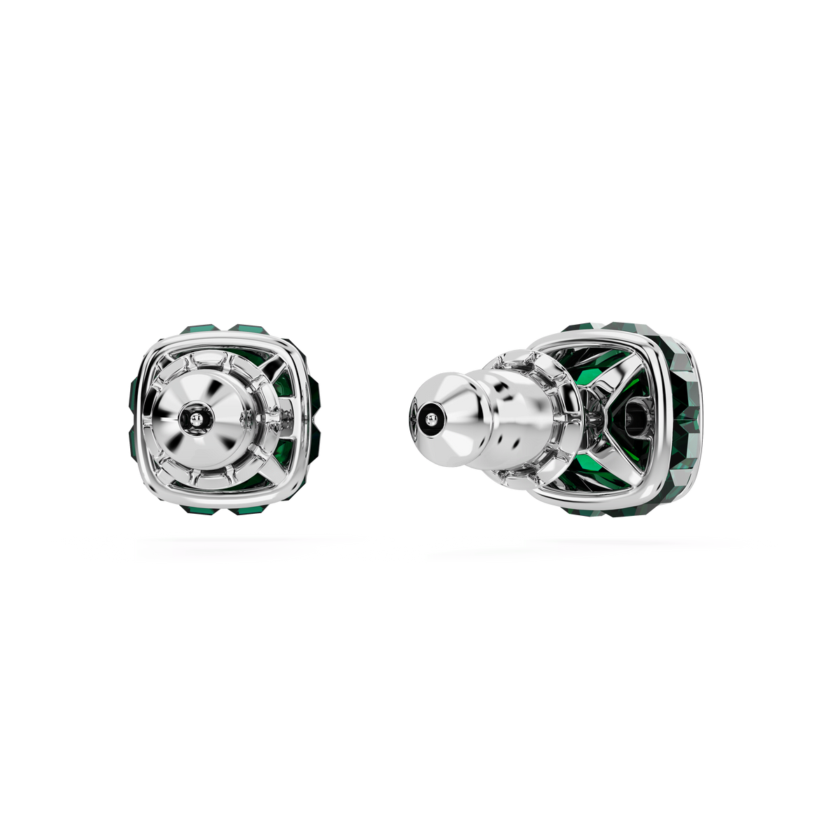 Two metallic, futuristic-looking Swarovski Birthstone stud earrings with a square cut in May green and a rhodium-plated finish are displayed on a plain white background—one showing the front and the other the side, highlighting their silver-toned design reminiscent of earbud headphones.