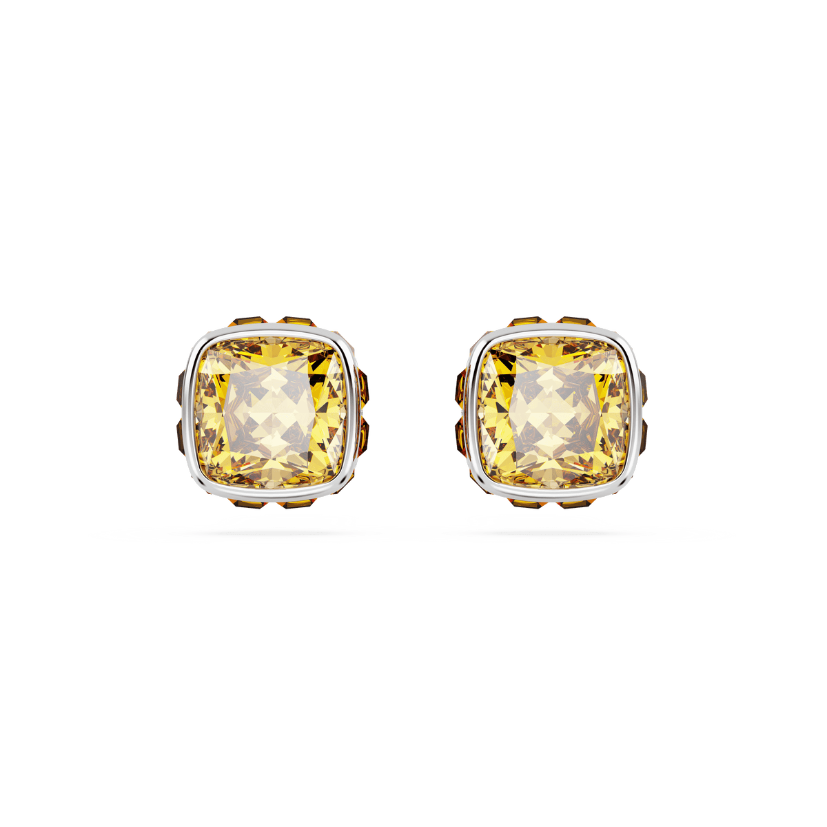 A pair of Swarovski Birthstone stud earrings, featuring square-cut yellow stones for November, rhodium-plated settings, and displayed on a plain white background.