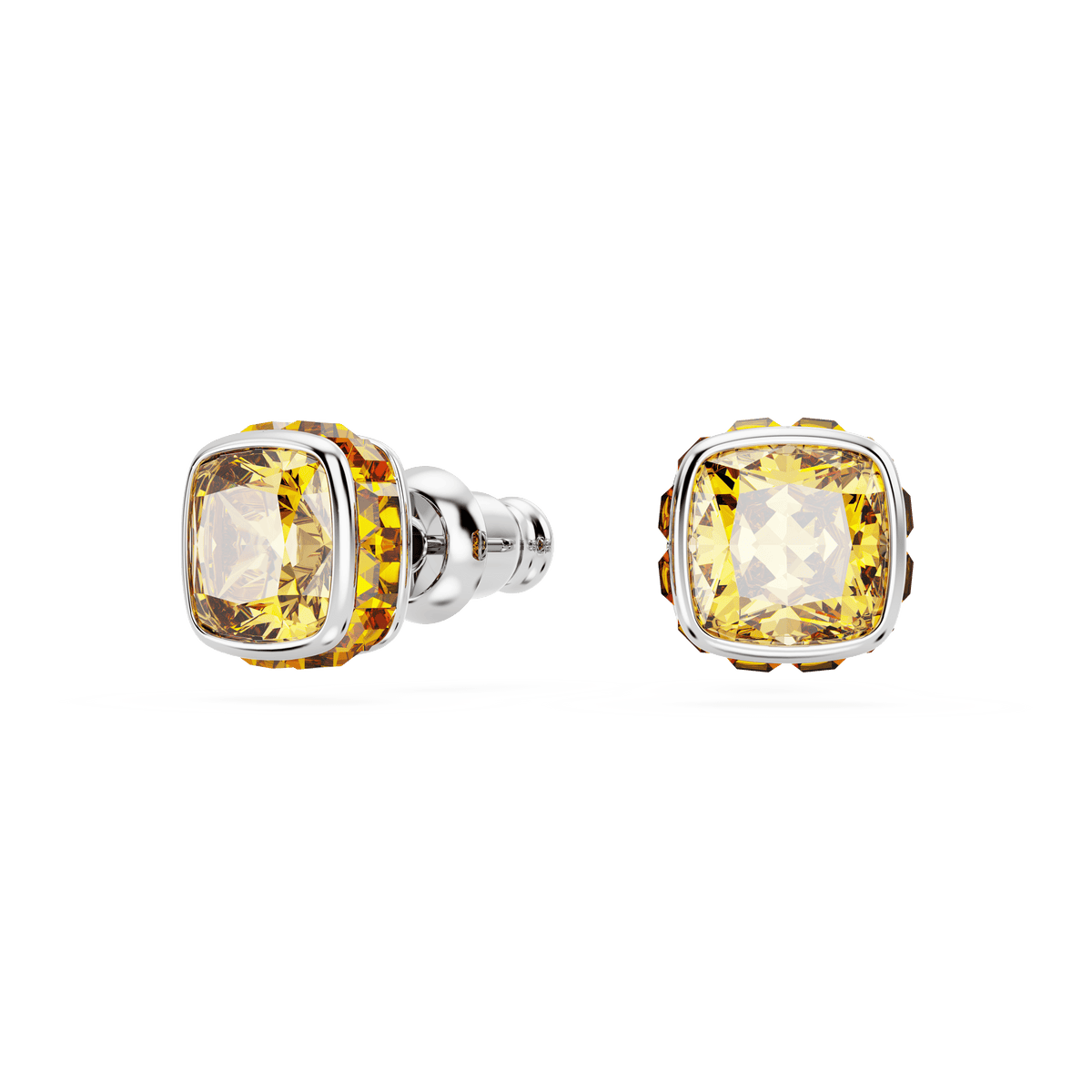A pair of Swarovski Birthstone stud earrings featuring square-cut yellow stones for November, rhodium plated and inspired by November birthstones, displayed on a white background.