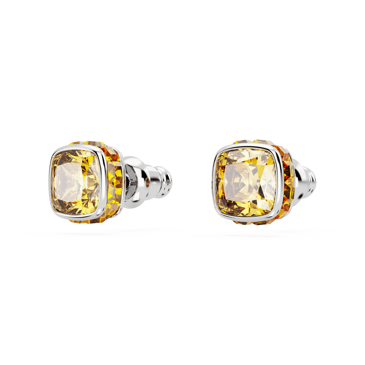 A pair of Swarovski Birthstone stud earrings, style number 56608, featuring large square-cut yellow gemstones for November, each bordered by delicate silver and yellow accents and finished with a rhodium-plated setting, displayed on a white background.