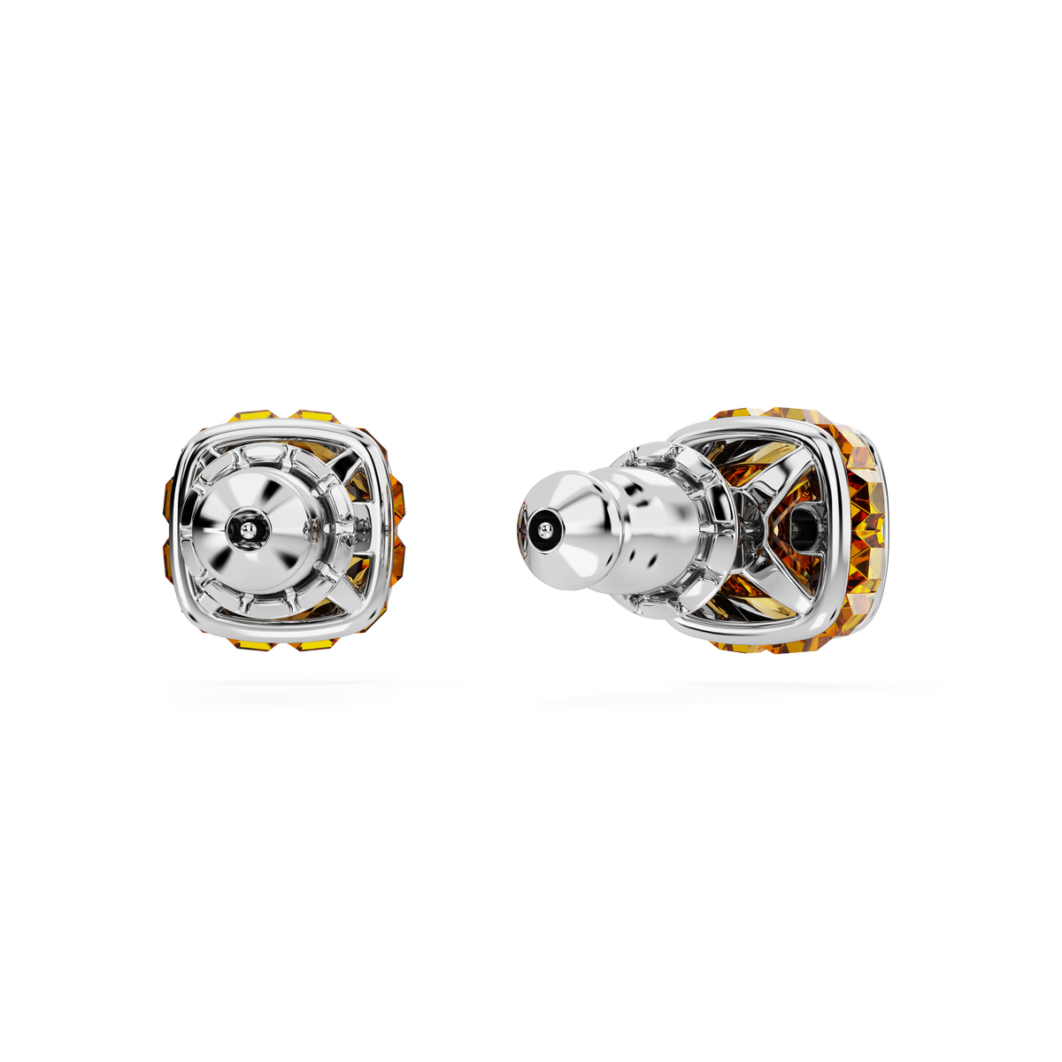 Two metallic, futuristic-looking earbud pieces with silver and gold accents are displayed against a plain white background, showcasing both side and front views—evoking the sophisticated elegance of Swarovski Birthstone stud earrings in square cut, November Yellow, rhodium plated (Style Number 56608) from Swarovski.