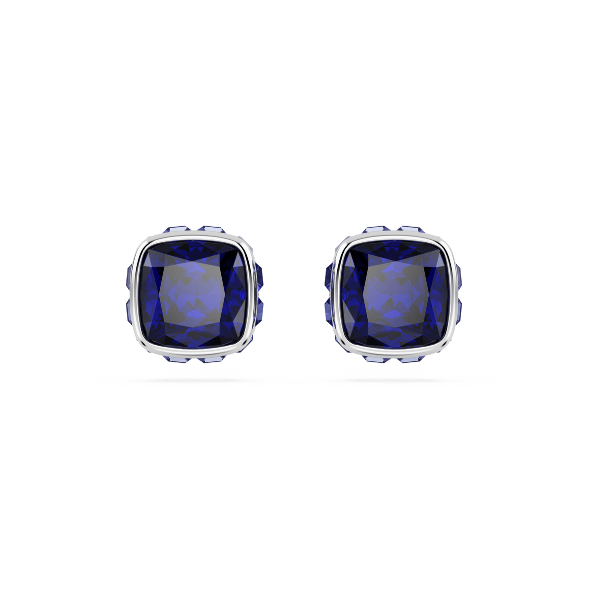 A pair of Swarovski Birthstone stud earrings, style number 566080, featuring square-cut blue gemstones for September in rhodium-plated settings, displayed on a plain white background.