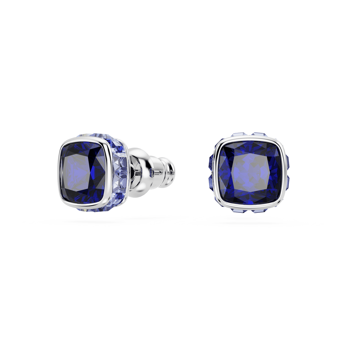 A pair of Swarovski Birthstone stud earrings (Style Number: 566080), crafted with rhodium plating and featuring a square-cut blue gemstone for September, are shown from front and side angles against a white background.