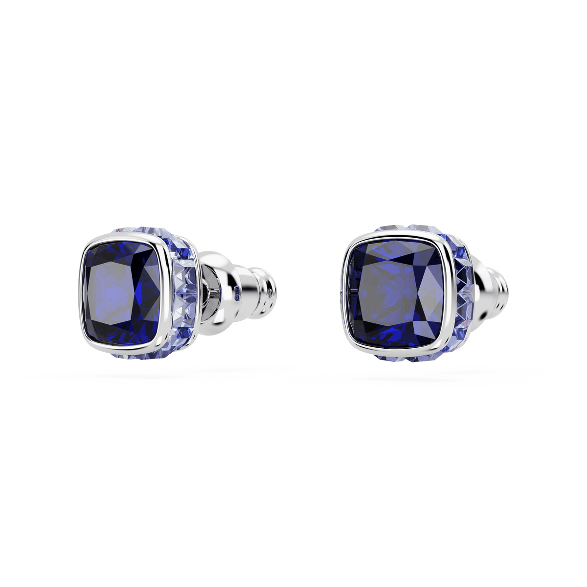 A pair of Swarovski Birthstone stud earrings, featuring square-cut blue gemstones for September, rhodium plated (Style Number: 566080), displayed on a white background.