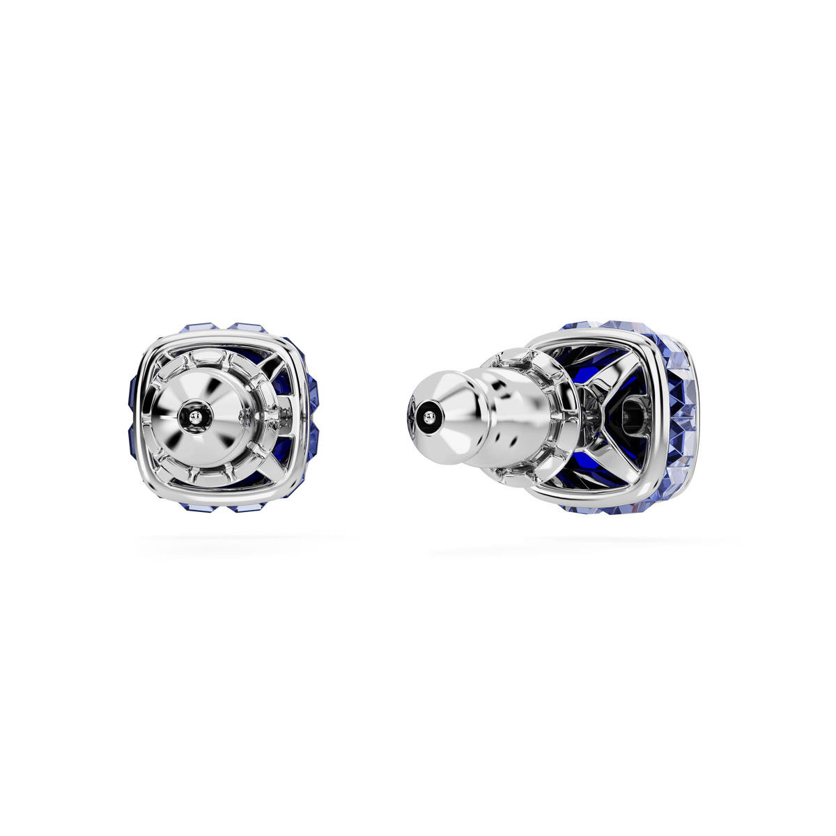 Two Swarovski Birthstone stud earrings, square cut in vivid September blue and elegantly rhodium plated, are displayed side by side on a white background—showcasing both their sparkling front and sleek side views, reminiscent of brilliant sapphire tones. Style Number: 566080.