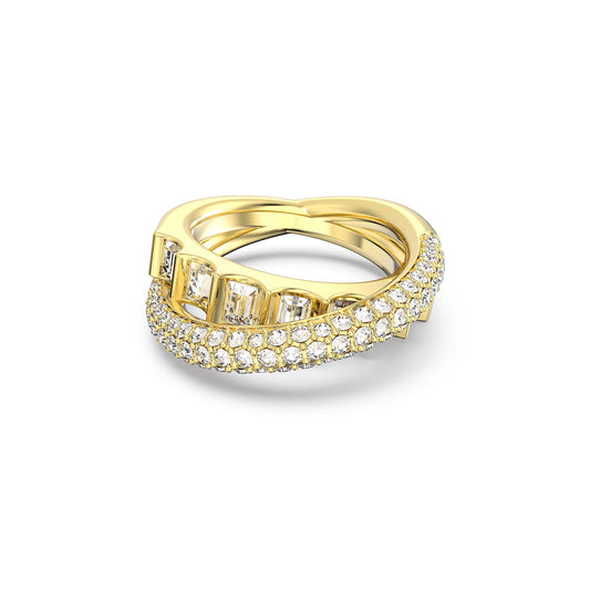 The Swarovski Mixed Cuts Rota Cocktail Ring by Swarovski is a gold-tone plated ring that showcases a twisted design, with one band adorned with square-cut diamonds and the other encrusted with sparkling round diamonds, elegantly showcased on a white background.