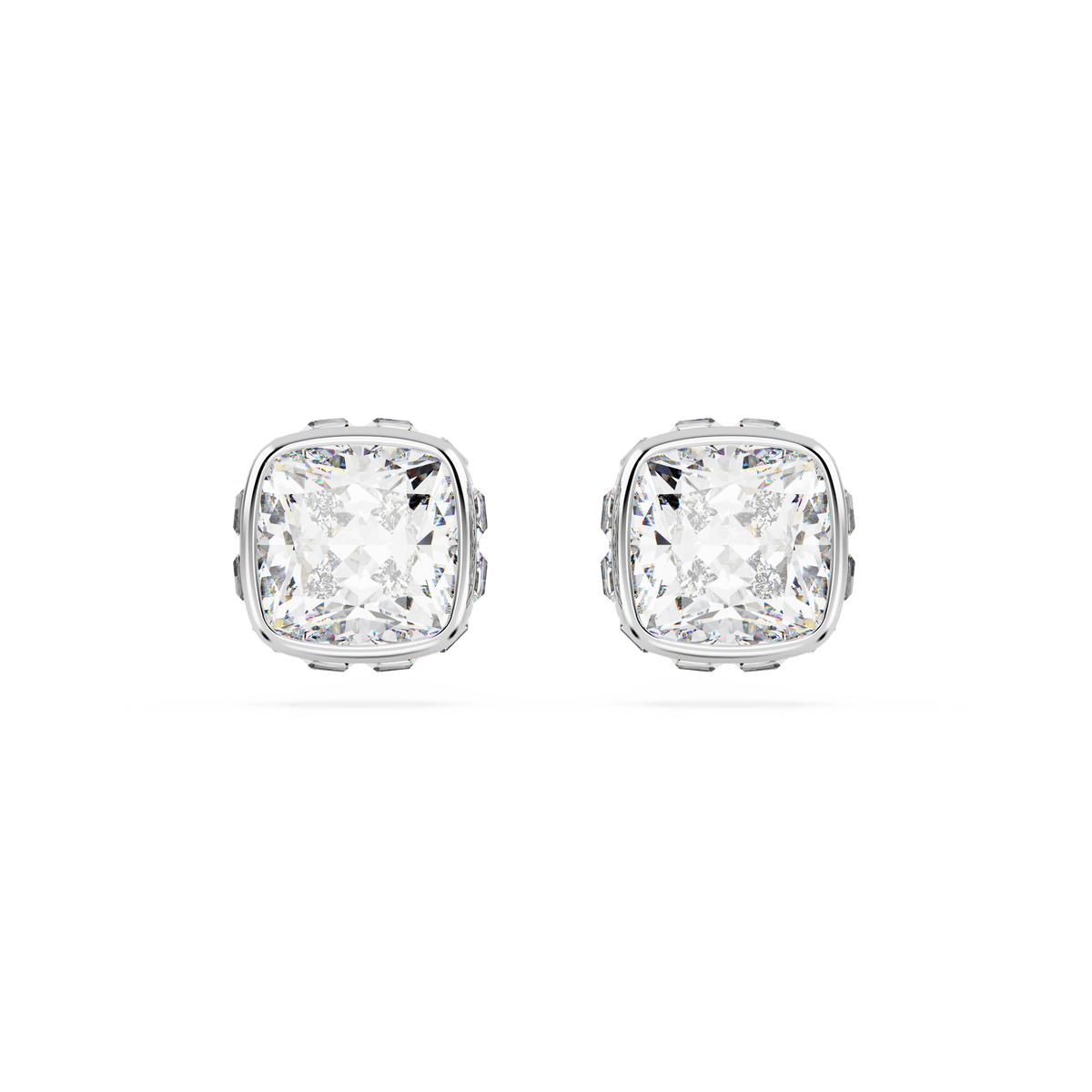 A pair of Swarovski Birthstone stud earrings, featuring square-cut white stones for April, set in rhodium-plated prongs and displayed against a plain white background.