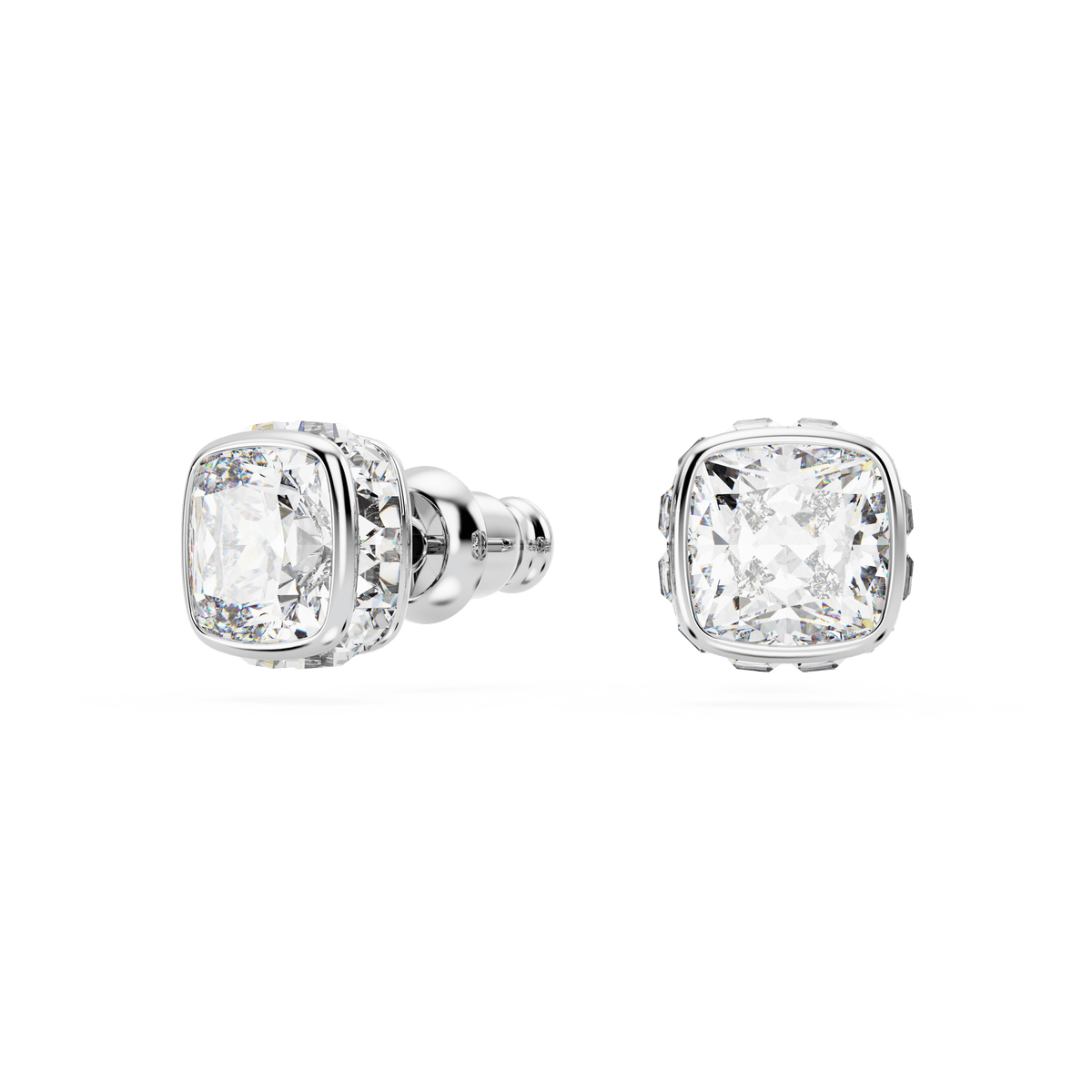 A pair of Swarovski Birthstone stud earrings, featuring a square cut white April stone, set in rhodium-plated metal and displayed on a white background.