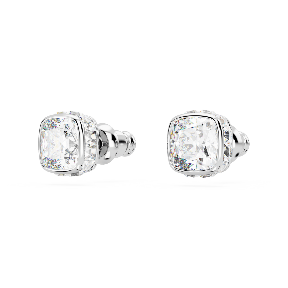 A pair of Swarovski Birthstone stud earrings, featuring a square-cut white stone inspired by the April birthstone, set in rhodium-plated metal and showcased on a white background.