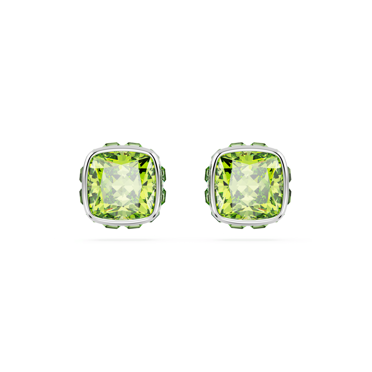 A pair of Swarovski Birthstone stud earrings in a square cut, featuring August’s green stone and set in rhodium-plated prongs, displayed on a plain white background.