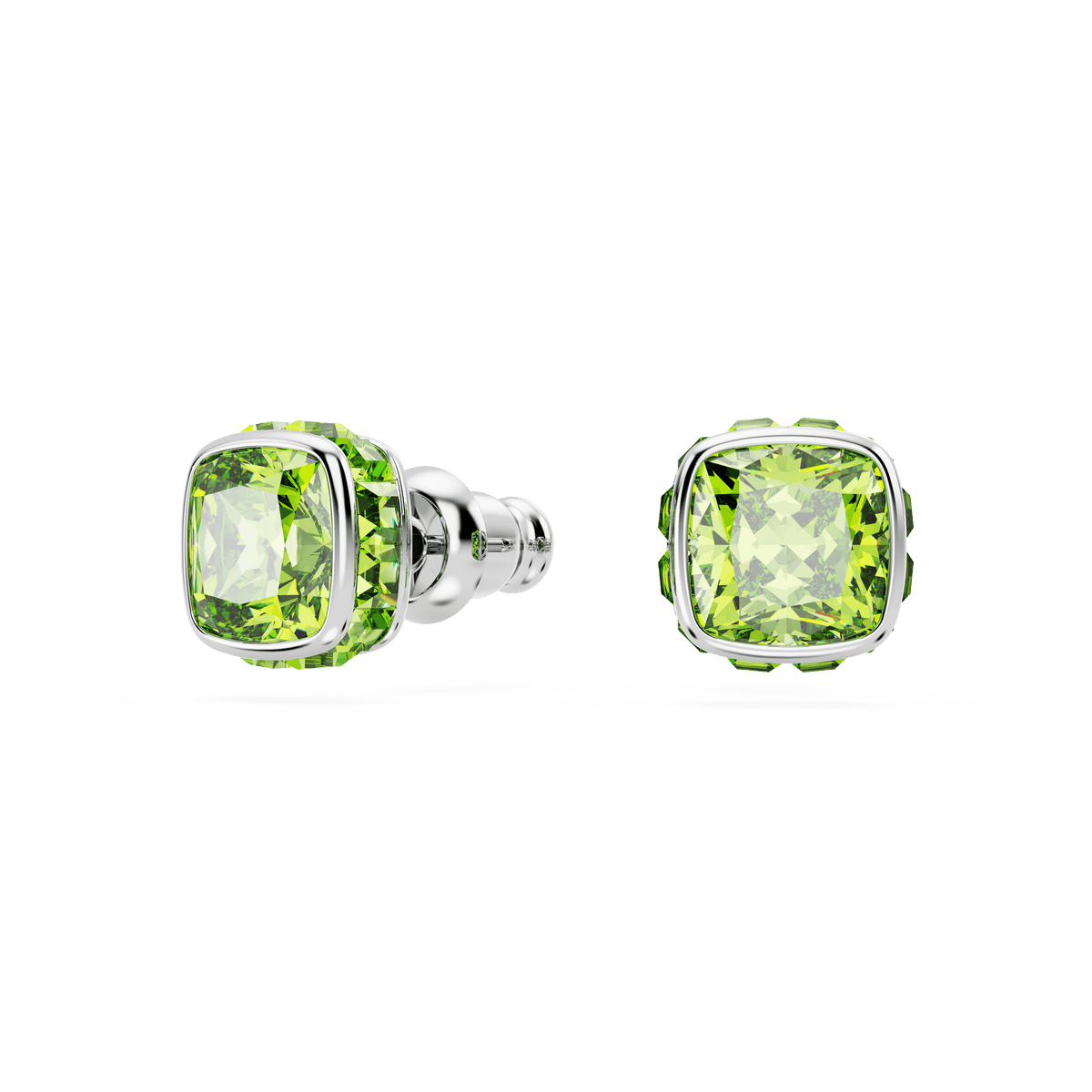 A pair of Swarovski Birthstone stud earrings, featuring square-cut green stones for August, are crafted with a rhodium-plated finish. Shown from the front and side on a white background, these elegant Swarovski earrings are the perfect choice for those celebrating an August birthday.