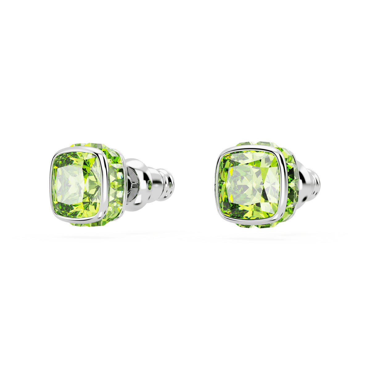 Swarovski Birthstone stud earrings—square cut in a vibrant August green and finished with rhodium plating for lasting shine—are displayed on a plain white background.