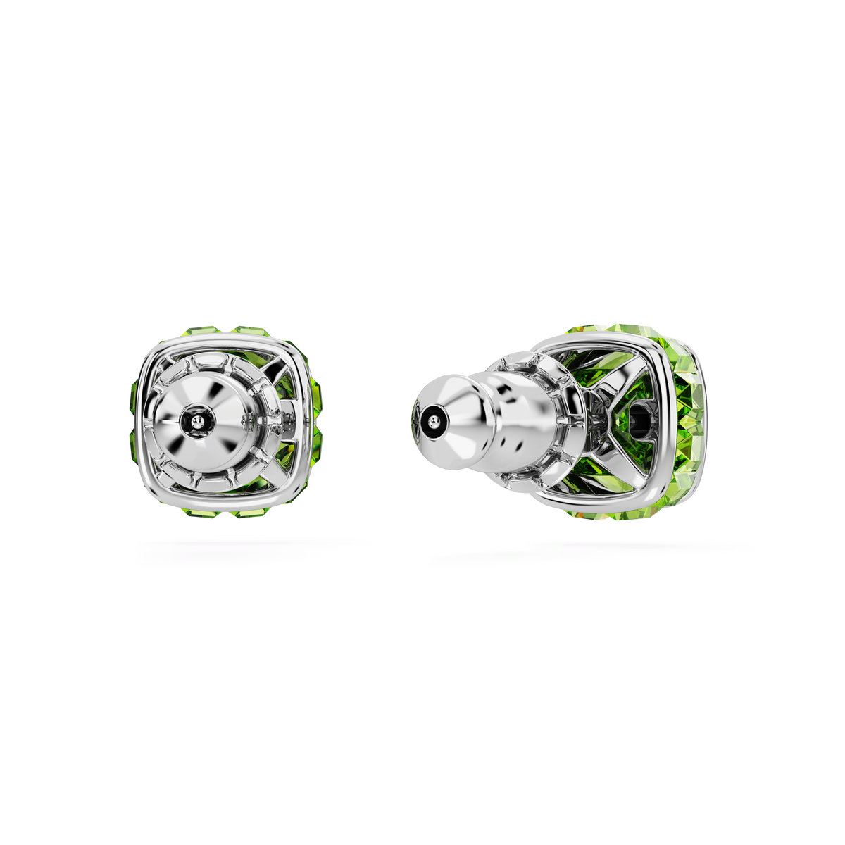 Two Swarovski Birthstone stud earrings, featuring square-cut green stones reminiscent of August birthstones and set in rhodium plating, are displayed on a white background. One earring is shown from the front and the other from the side, highlighting their elegant design and intricate craftsmanship.