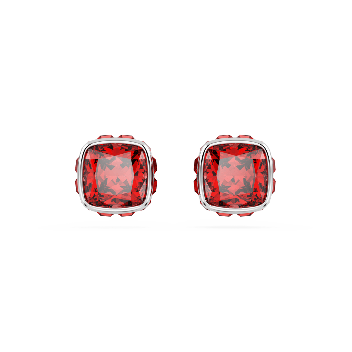 A pair of Swarovski Birthstone stud earrings, featuring square-cut red stones for July in a rhodium-plated setting, displayed against a plain light gray background.