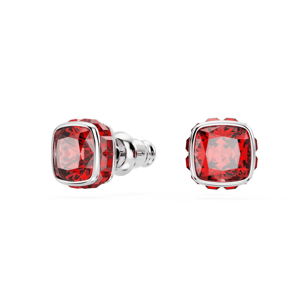 Two Swarovski rhodium plated stud earrings with square-cut red gemstones, displayed on a white background.