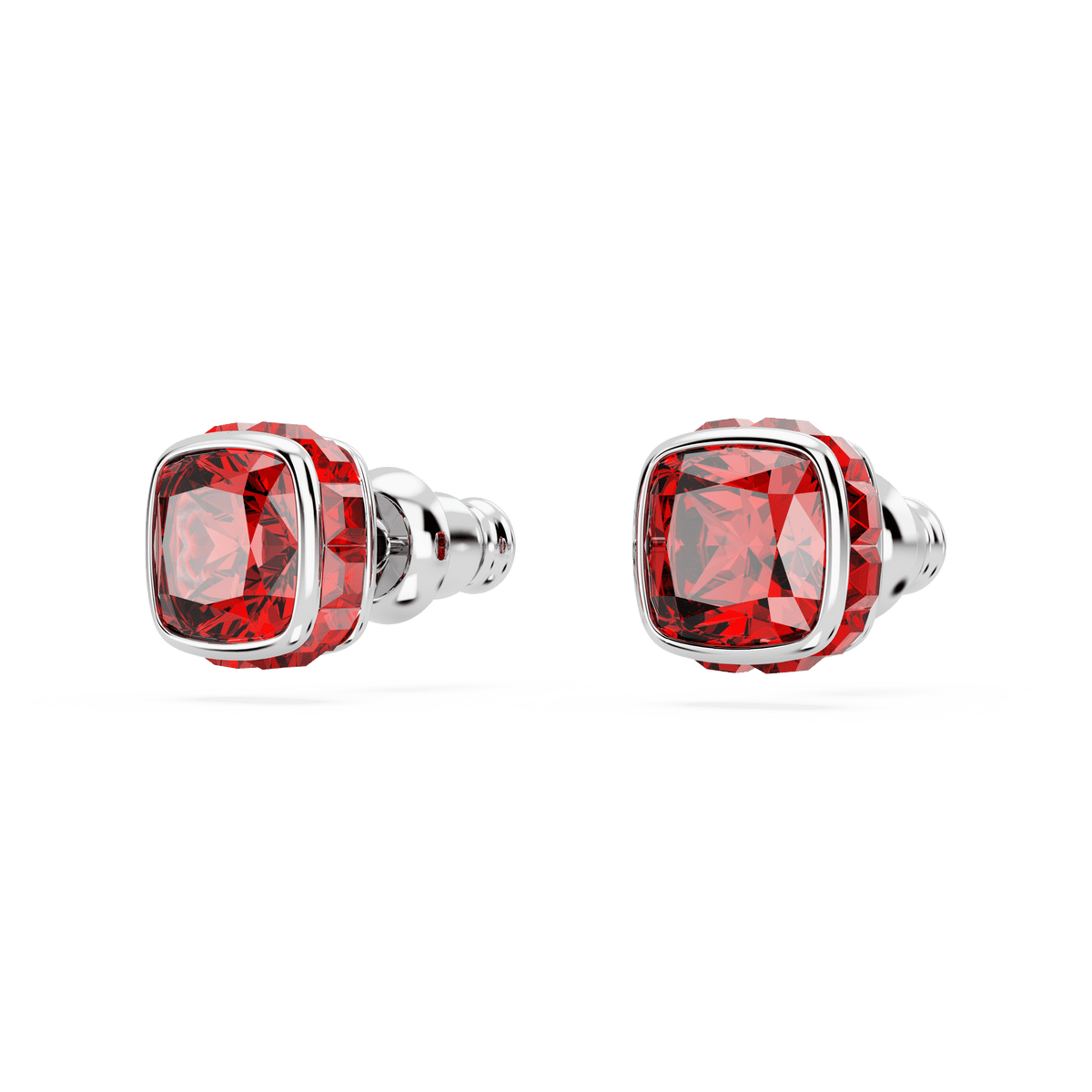 A pair of Swarovski Birthstone stud earrings featuring square-cut red gemstones, designed for July and rhodium plated, displayed on a plain white background.