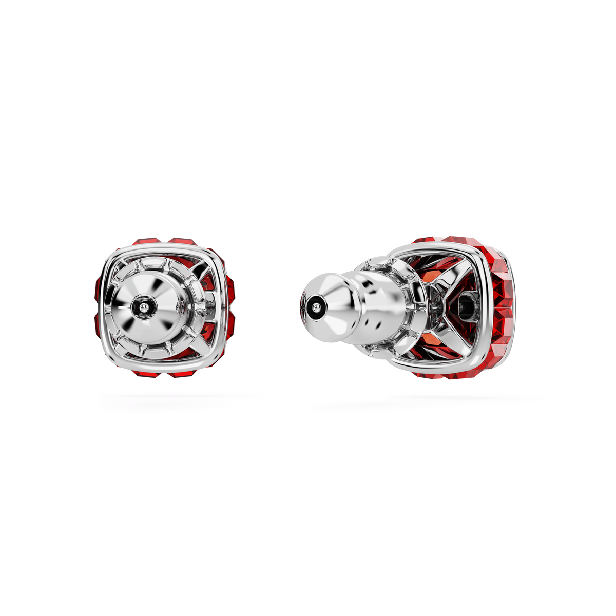 Two metallic and red in-ear earphones are displayed on a white background. One earphone faces forward, revealing the speaker mesh, while the other is angled to showcase its housing and intricate design, reminiscent of Swarovski’s July Square Cut Red Birthstone stud earrings.