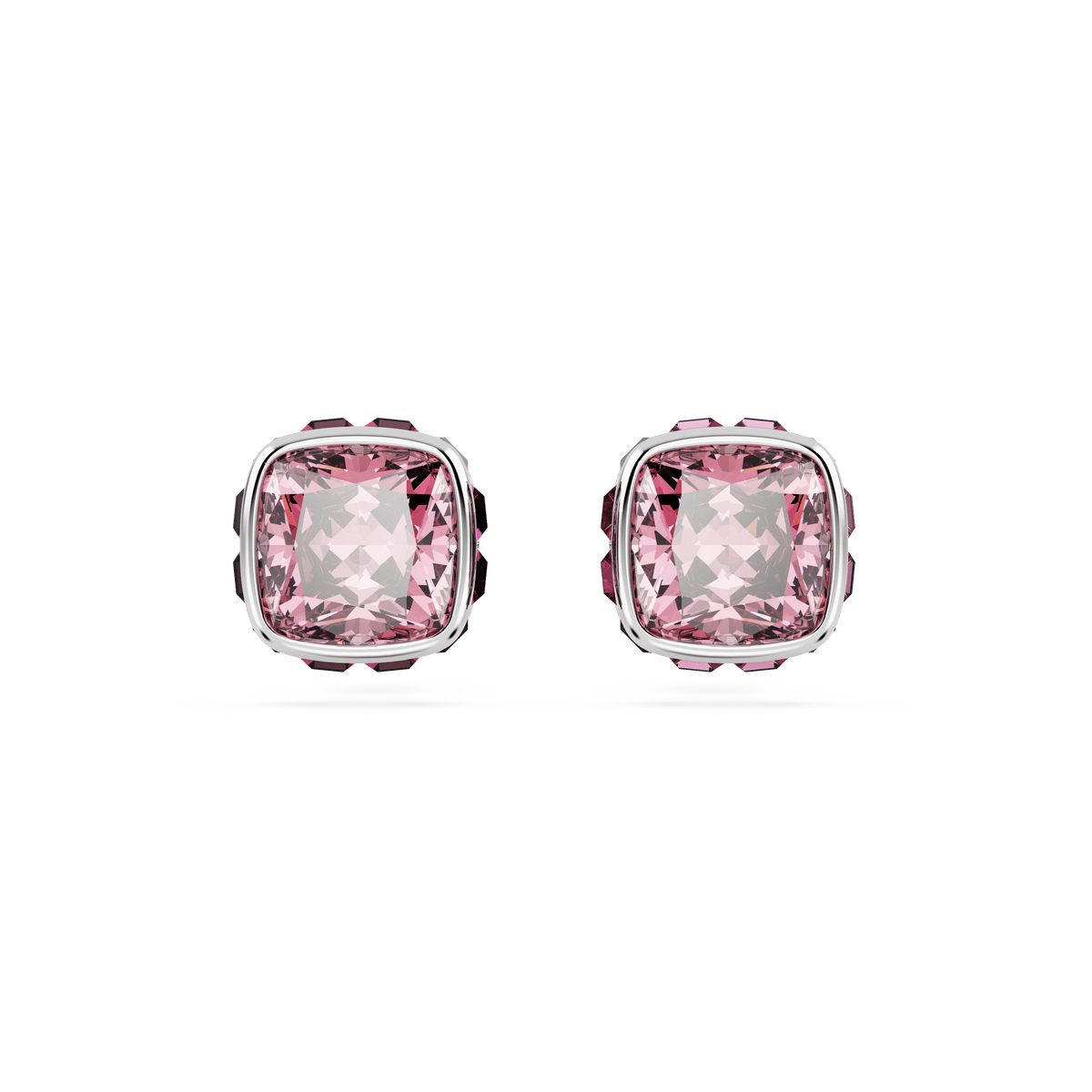 A pair of Swarovski Birthstone stud earrings, featuring square-cut pink crystals set in rhodium plated metal, displayed against a plain white background.