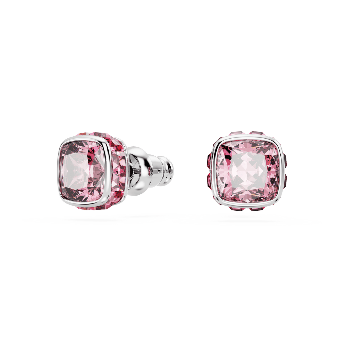 Swarovski Birthstone stud earrings, style number [Style Number], feature square-cut pink stones set in rhodium-plated settings. Displayed from the front and side on a white background, these Swarovski October Pink earrings are an ideal gift or a stylish everyday accessory.