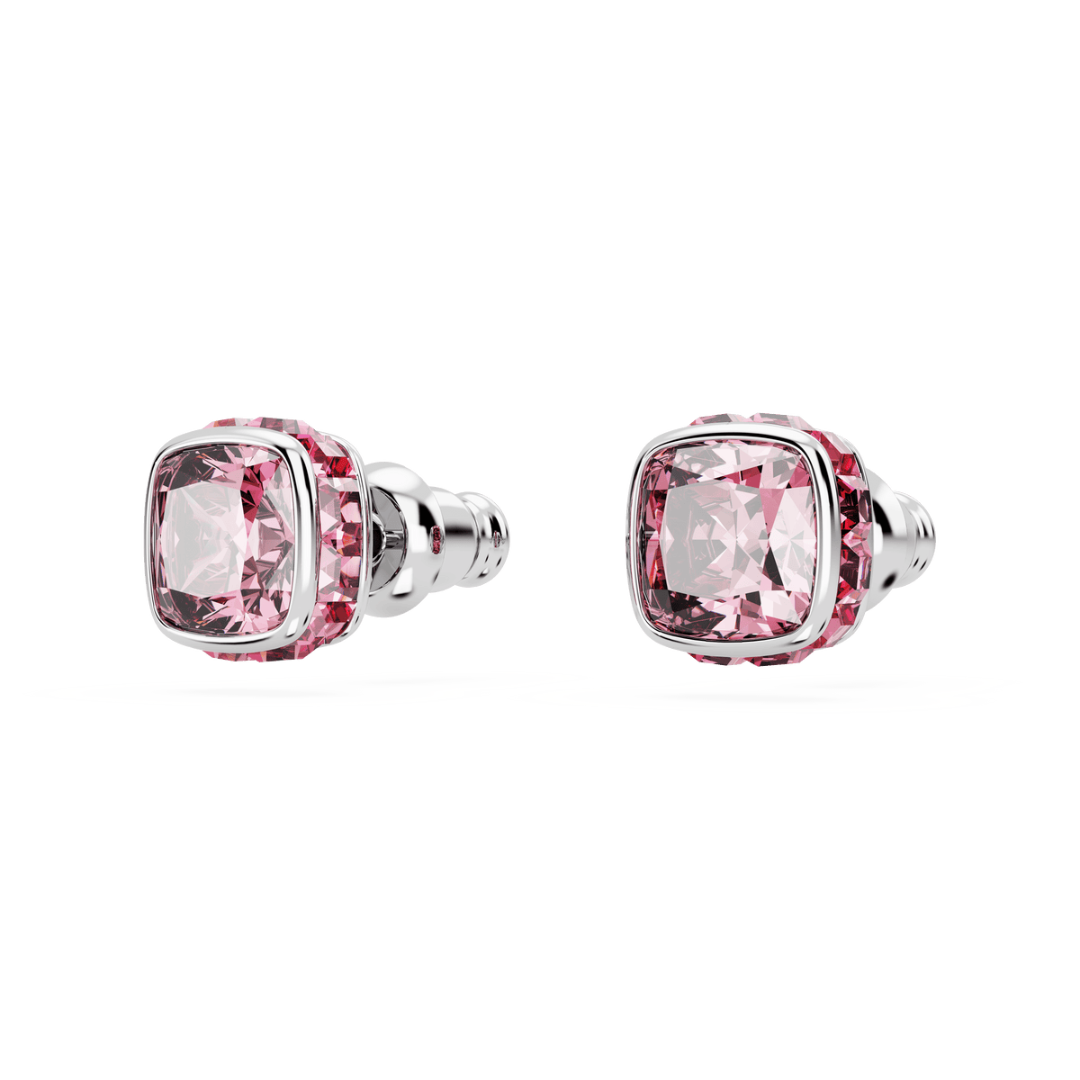 A stunning pair of Swarovski Birthstone stud earrings in a square-cut pink design, plated with rhodium and displayed on a white background—ideal October earrings or radiant Swarovski birthstone jewelry.