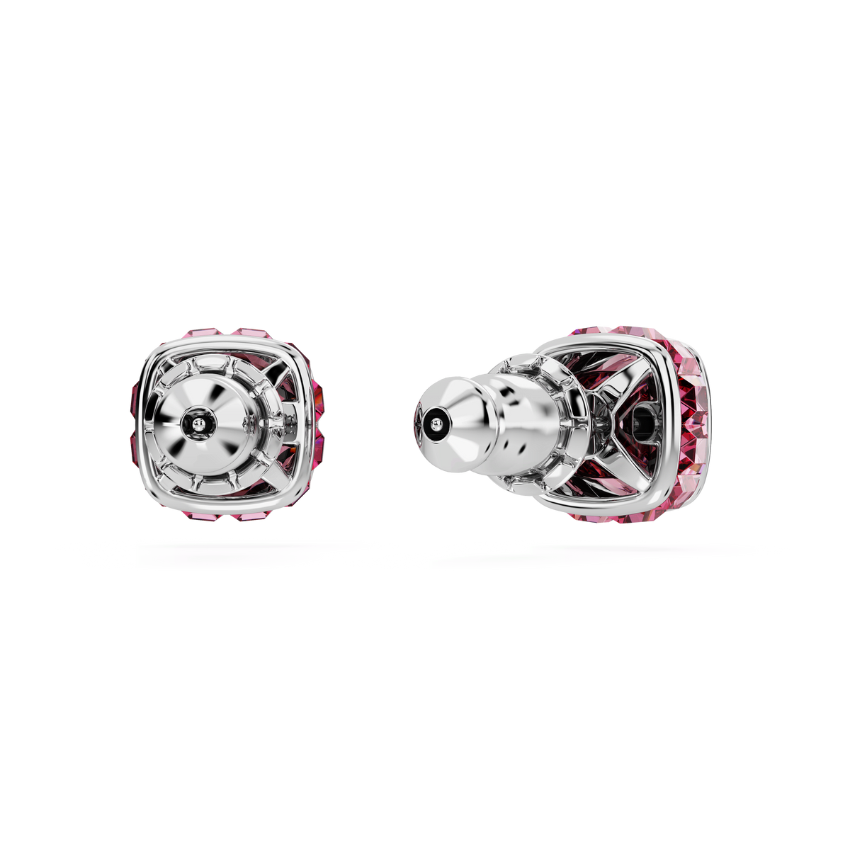 Two Swarovski Birthstone stud earrings featuring a square-cut pink stone for October are displayed from front and side angles on a plain white background. The rhodium plated finish and geometric design create a sleek, modern look, highlighting their resemblance to elegant jewelry.