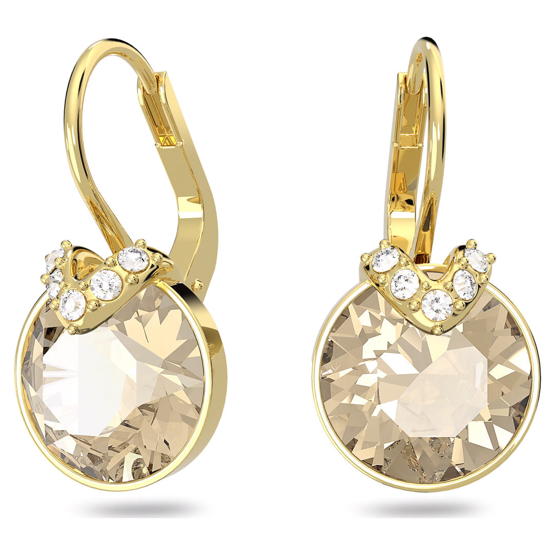 The Swarovski Bella V Drop Earrings by Swarovski elegantly showcase large round champagne-colored crystals, enhanced with a clear pavé row of small crystals at the top for a luxurious appearance.