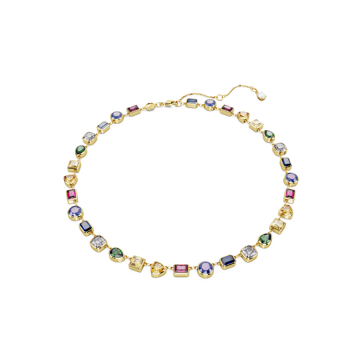 The Swarovski Imber necklace, crafted with an 18K gold finish, showcases an array of multicolored gemstones and sparkling Swarovski Zirconia crystals in mixed cuts—round, oval, and rectangular. Each stone is evenly spaced along the chain for a vibrant yet elegant display.