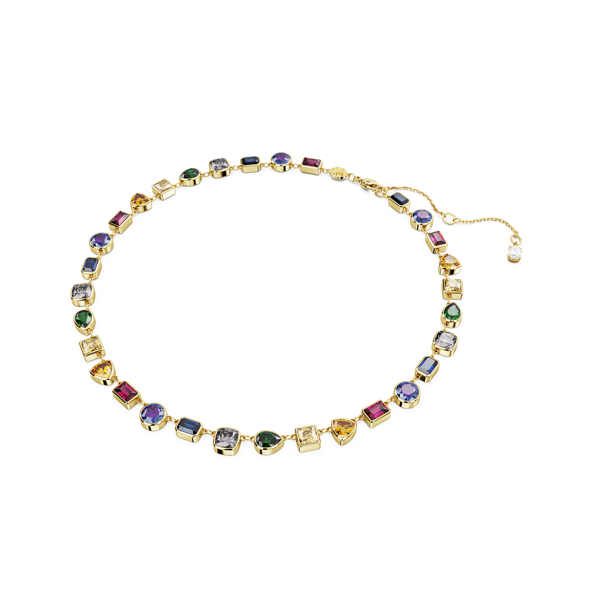 The Swarovski Imber necklace features mixed-cut, multicolored Swarovski Zirconia—blue, green, red, and clear—set in an 18K gold finish and arranged in an alternating pattern with an adjustable chain clasp.