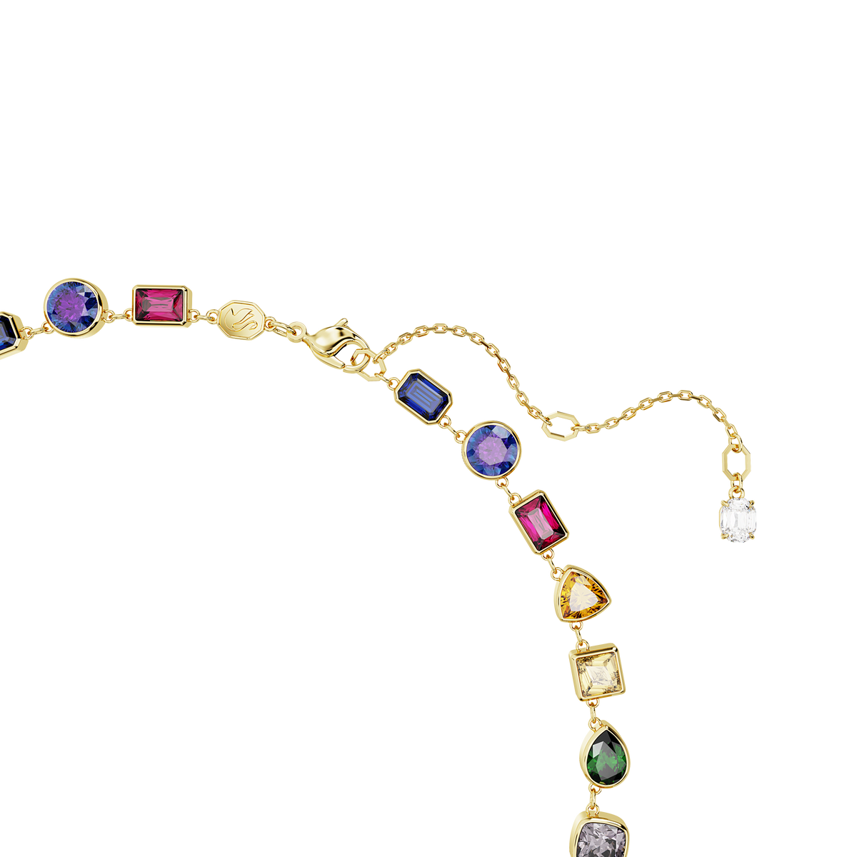 A close-up of the Swarovski Imber necklace, featuring mixed-cut, multicolored charms and sparkling Swarovski Zirconia accents in round, square, and teardrop shapes with an elegant 18K gold finish, displayed on a white background.