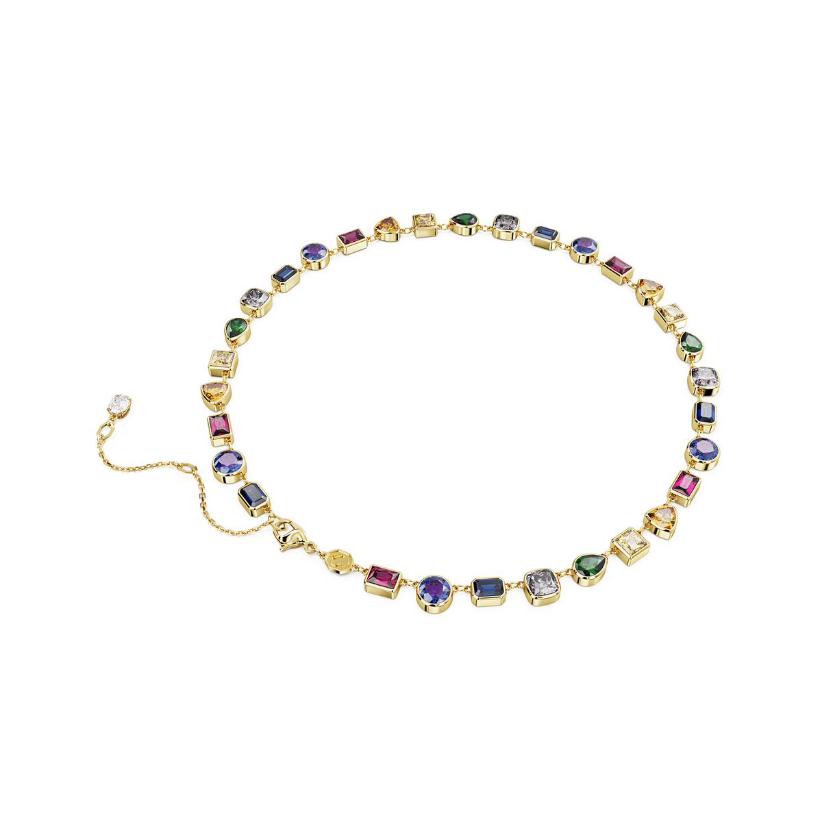 The Swarovski Imber necklace, featuring an 18K gold finish, showcases a gold chain adorned with an array of multicolored gemstones in mixed cuts—including sparkling Swarovski Zirconia—arranged evenly along the chain and presented against a white background.
